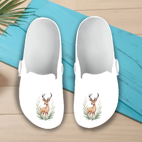 Watercolor Deer in Forest Hues Slip On Clogs