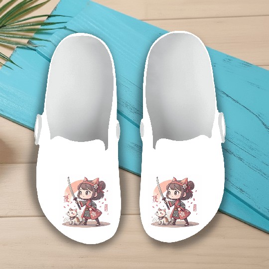Adorable Anime Samurai Girl: Cat & Katana Design Slip On Clogs