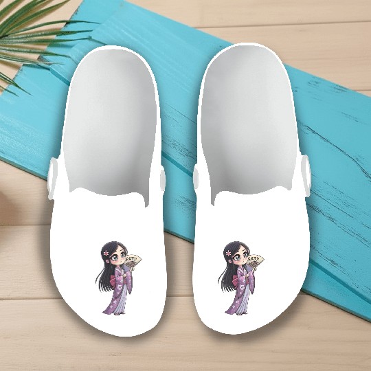 Cute Chibi Geisha Anime Inspired Kimono Design Slip On Clogs
