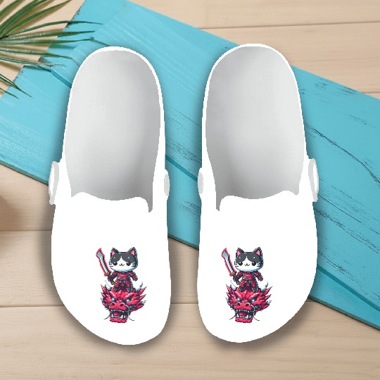 Samurai Cat with Sword on Dragon in Epic 3D Effect Slip On Clogs