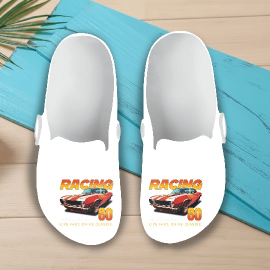 Racing Classic Car Graphic Slip On Clogs, Retro Muscle Car