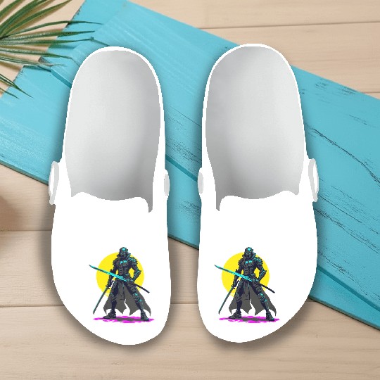 Cyberpunk Armored Samurai Neon Warrior Art Slip On Clogs