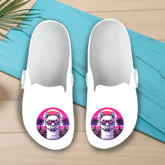 Retro Sunset Llama with Sunglasses in Neon Vibes Slip On Clogs