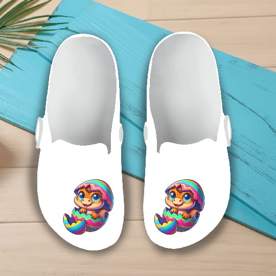 Cute Dino hatching from colorful Easter egg Slip On Clogs
