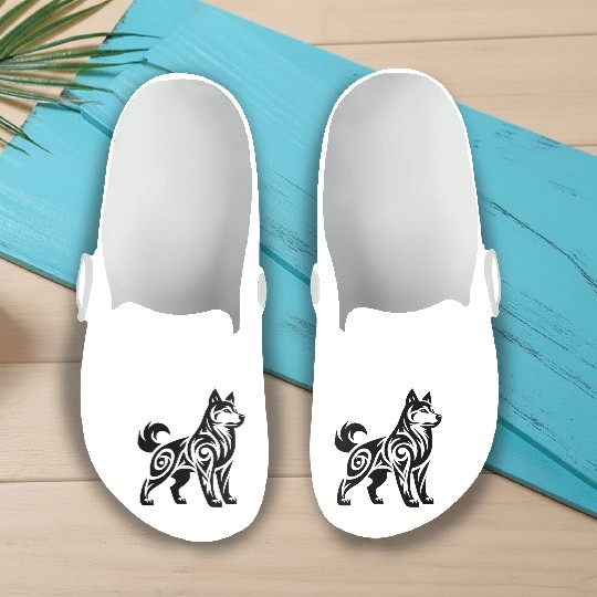 Wolf With Tribal Pattern Mystic Husky Dog Slip On Clogs