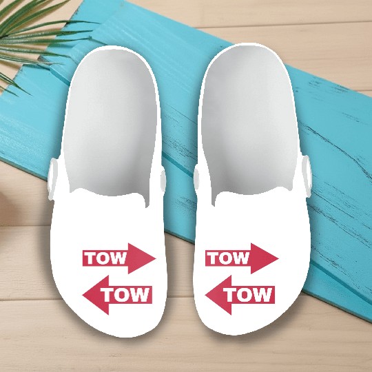 tow arrow red moving automotive because racecar Slip On Clogs