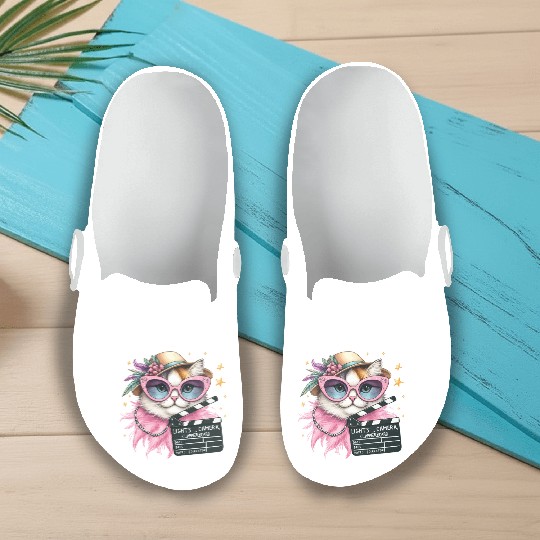 Lights, Camera, Meow! - Glamorous Cat Fashion Slip On Clogs