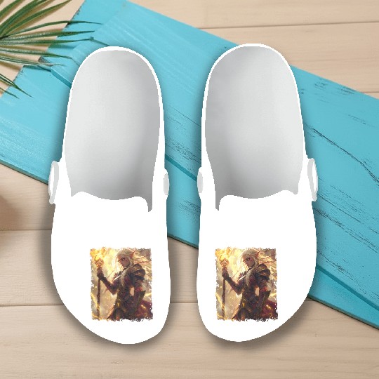 Fiery Elf Mage with Glowing Magical Staff Design Slip On Clogs