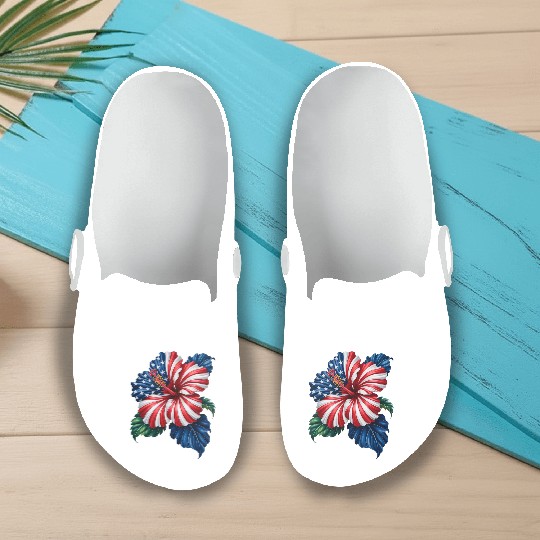 Hibiscus Flower Patriotic American Flag 4th Slip On Clogs