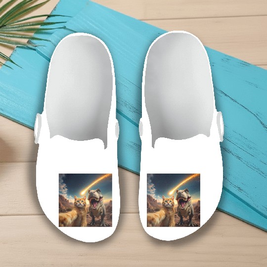 Cat and Dinosaur Meteor Selfie Meme Funny Slip On Clogs