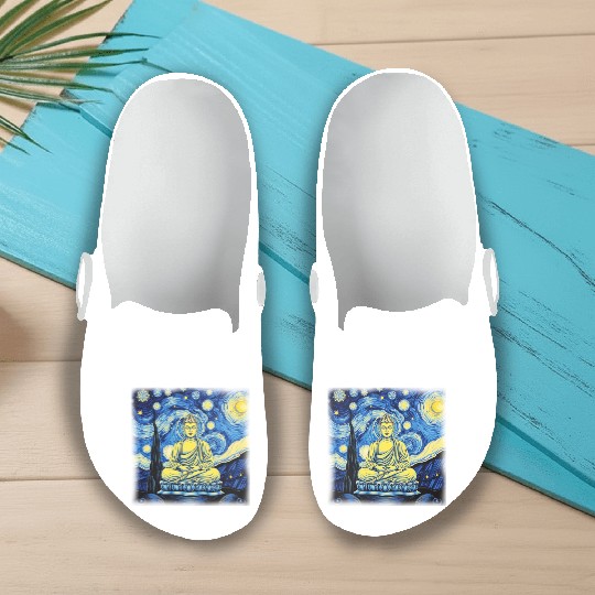 Starry Night Buddha Zen Art Inspired by Van Gogh Slip On Clogs
