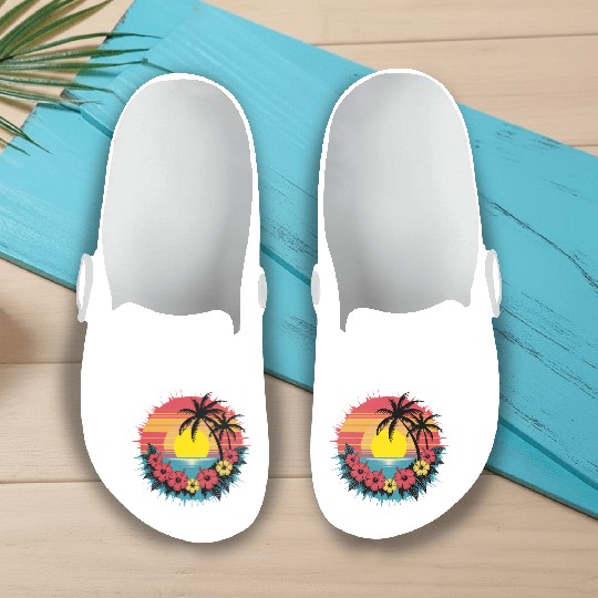 Tropical Sunset Paradise with Hibiscus and Palm Slip On Clogs