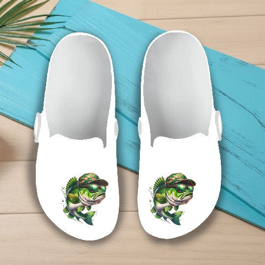 Camo Hat Bass Fish with Green Sunglasses Slip On Clogs