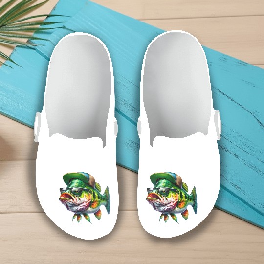 Cool Bass Fish with Green Hat and Glasses Slip On Clogs