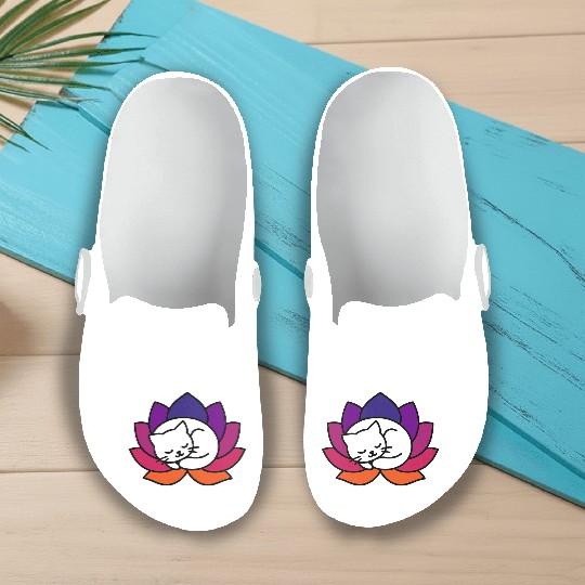 Serene Cat Lotus Illustration Slip On Clogs