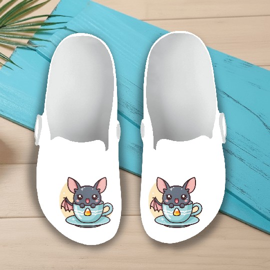 Cute Bat in Tea Cup Illustration Slip On Clogs