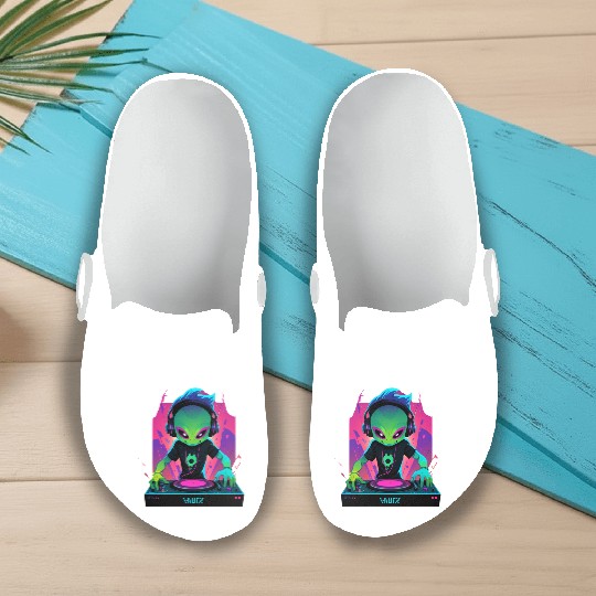 A cute chibi-style alien dark DJ Slip On Clogs