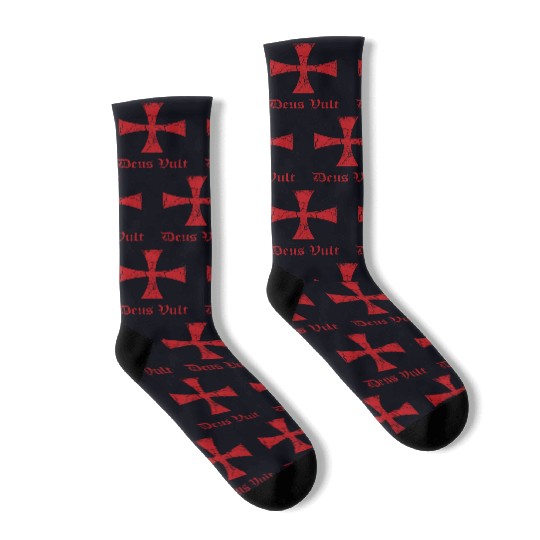 Distressed Deus Vult Knights Templar Cross Crusade Socks