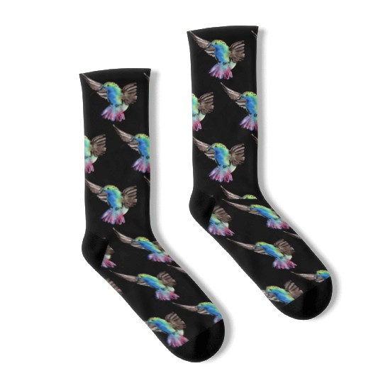 Colorful Watercolor Hummingbird flying pink Socks