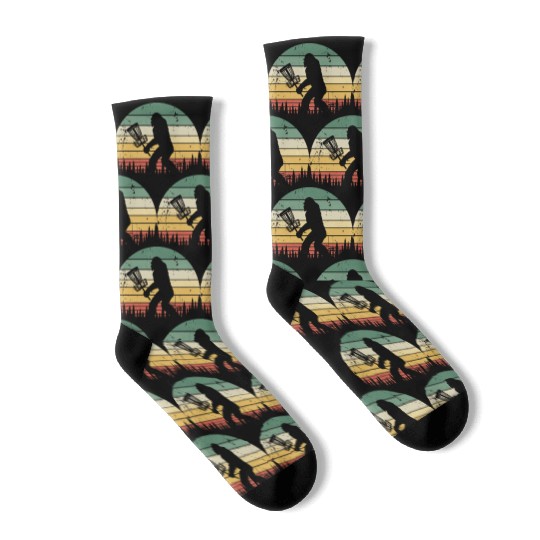 Funny Bigfoot Disc Golf Trees Vintage Sunset Socks