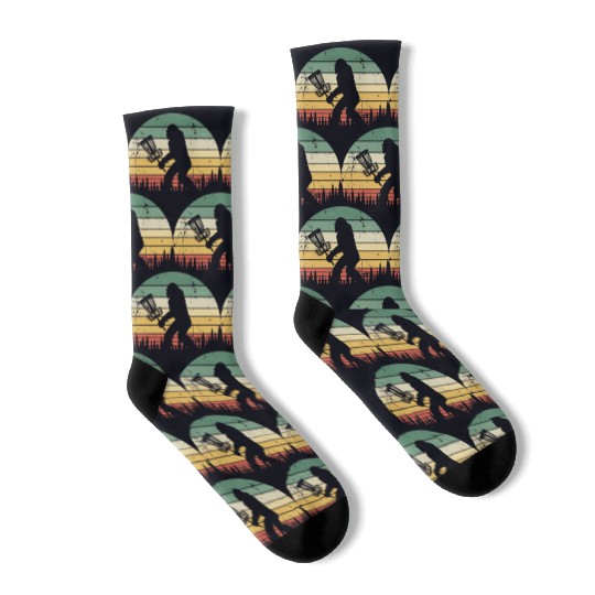 Funny Bigfoot Disc Golf Trees Vintage Sunset Socks