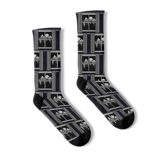 moon mountains view window Socks