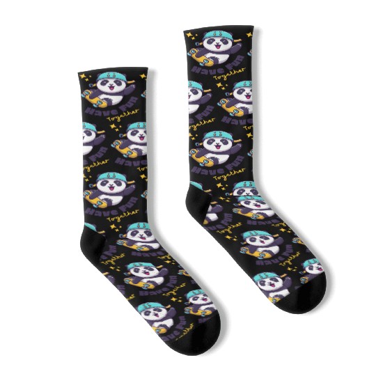 White Illustration Fun Cute Panda Socks