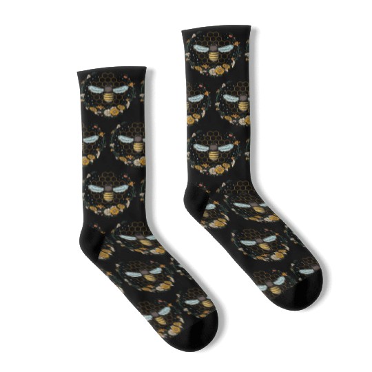 Floral Honeycomb Bee Lover Art Socks