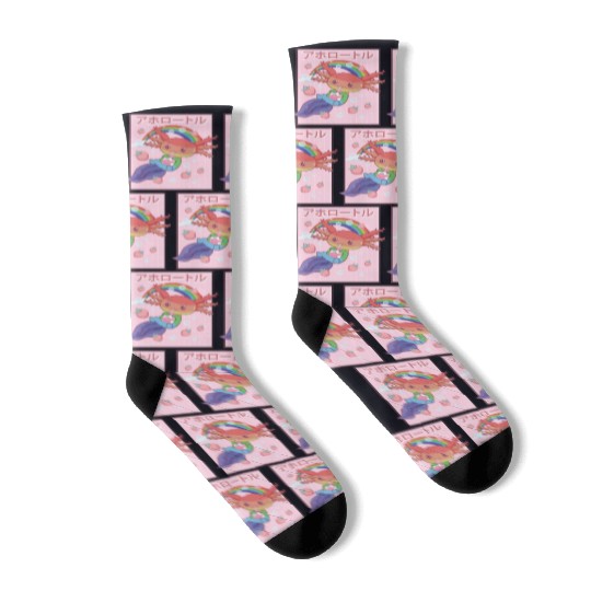Kawaii Axolotl Strawberry Milk Gay Pride Socks