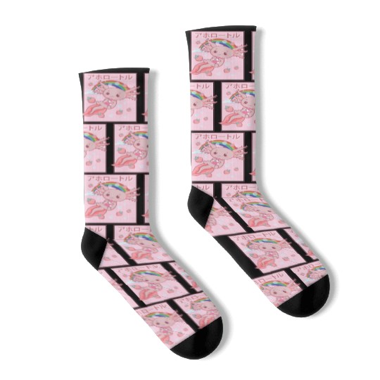 Kawaii Axolotl Strawberry Milk Socks