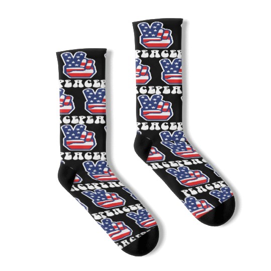 Womens Peace Sign US Flag Stars Stripes Hippie Socks