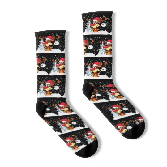 Funny Reindeer Red Nose Santa Snowflake Socks