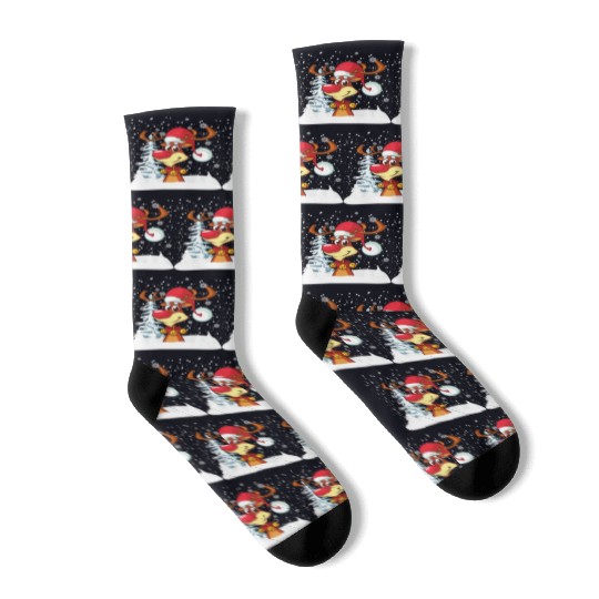 Funny Reindeer Red Nose Santa Snowflake Socks
