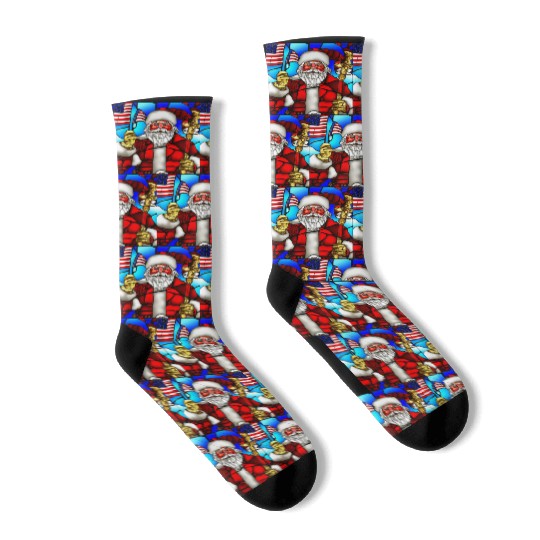 Patriotic Christmas Santa With US Flag Stained Socks