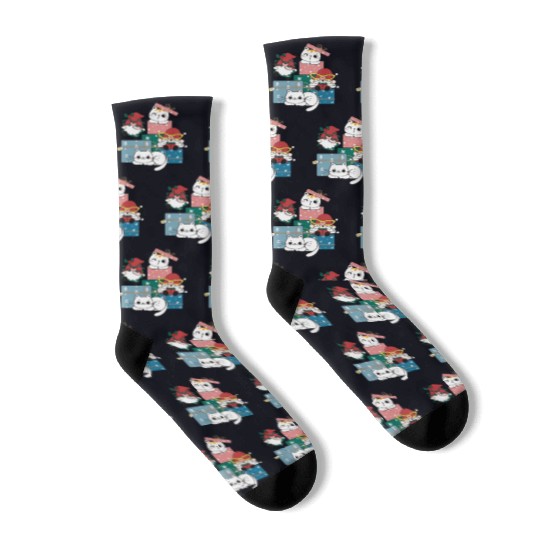cute gnome and kitty cats on present gift box Socks