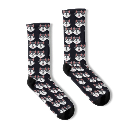Funny Siberian Husky Dog Cartoon Faces Socks