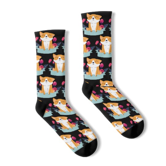 kawaii cute happy fox smiling, play with flowers Socks