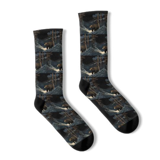 Ukiyo bear in forest landscape at night winter Socks