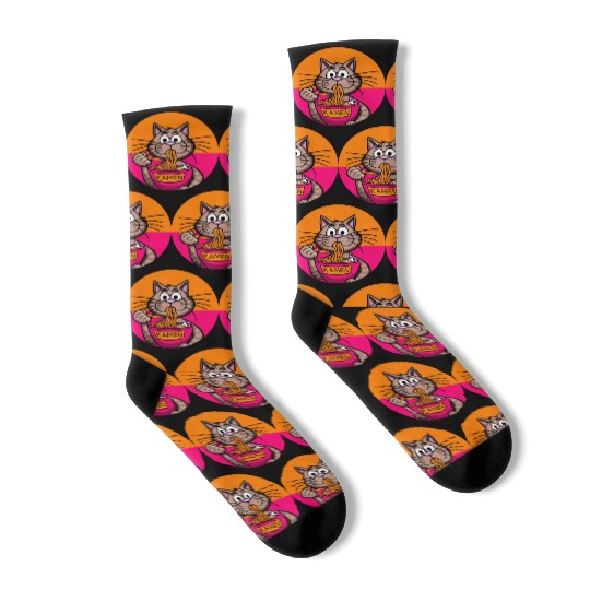 Colorful Ramen Cat Orange and Pink Socks