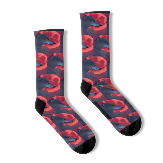 A Grey Wolf Staring at a Blood Moon Socks