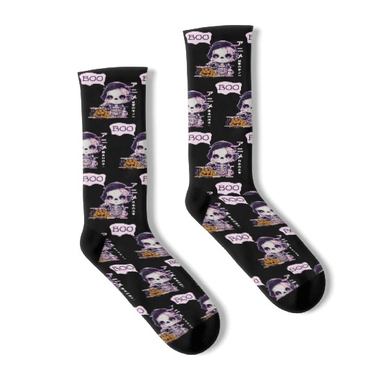 Cute Skeleton Chibi Pumpkin Japanese Aesthetic Socks