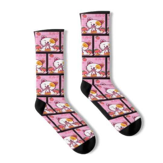 Kawaii Kitten Cute Cat Strawberry Milk Shake Socks