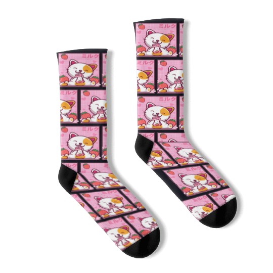 Kawaii Kitten Cute Cat Strawberry Milk Shake Socks