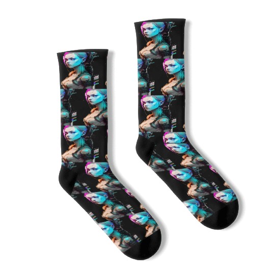 High Tech Style Illustration of a Cyberpunk Girl Socks