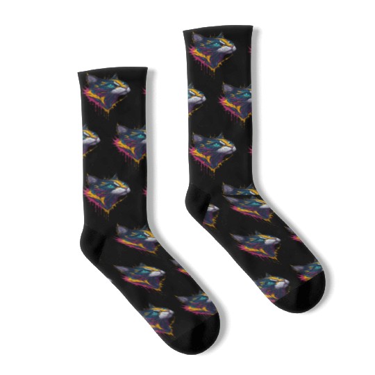 Blue-Eyed Graffiti Cat Head Painting Socks