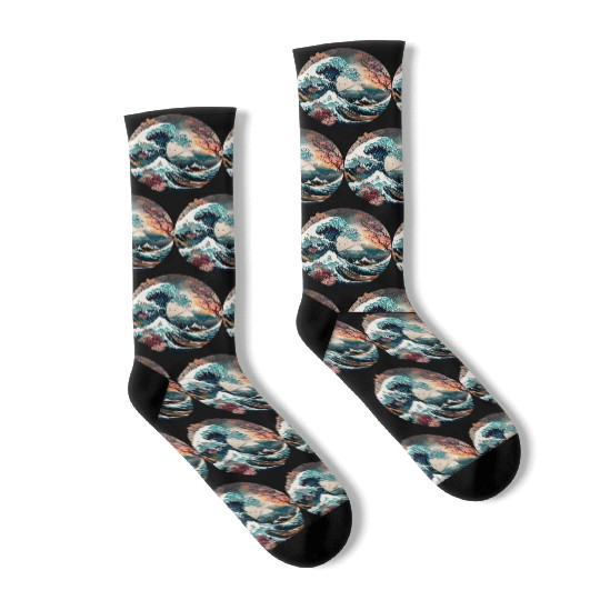 Watercolor Sea Waves Asian Art Water Nature Socks
