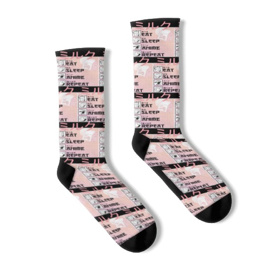 Eat Sleep Anime Repeat Straweberry Milk Japanese Socks