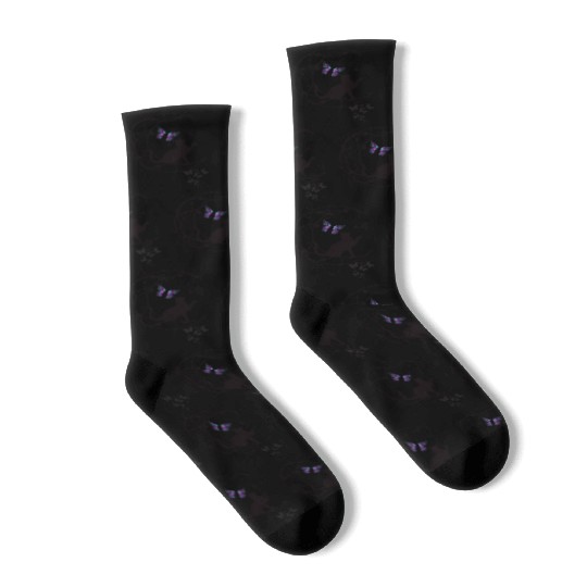 Decorative Black Cat Silhouette With Butterflies Socks
