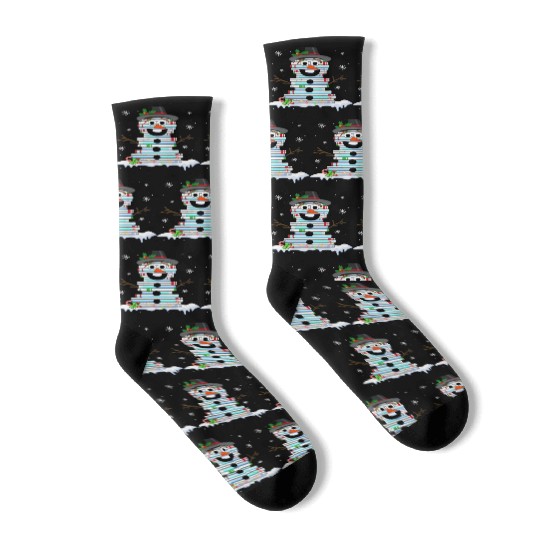 snowman book stack librarian book lover christmas Socks
