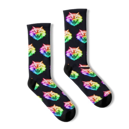 Bright Colorful Wolf Head – Rainbow Howling Wolf F Socks